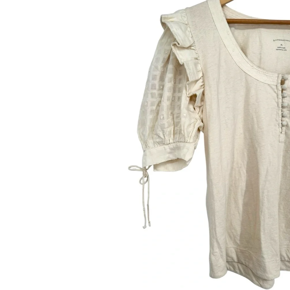 By Anthropologie Embroidered Elbow Puff-Sleeve Top size XL Cream Floral NWT
